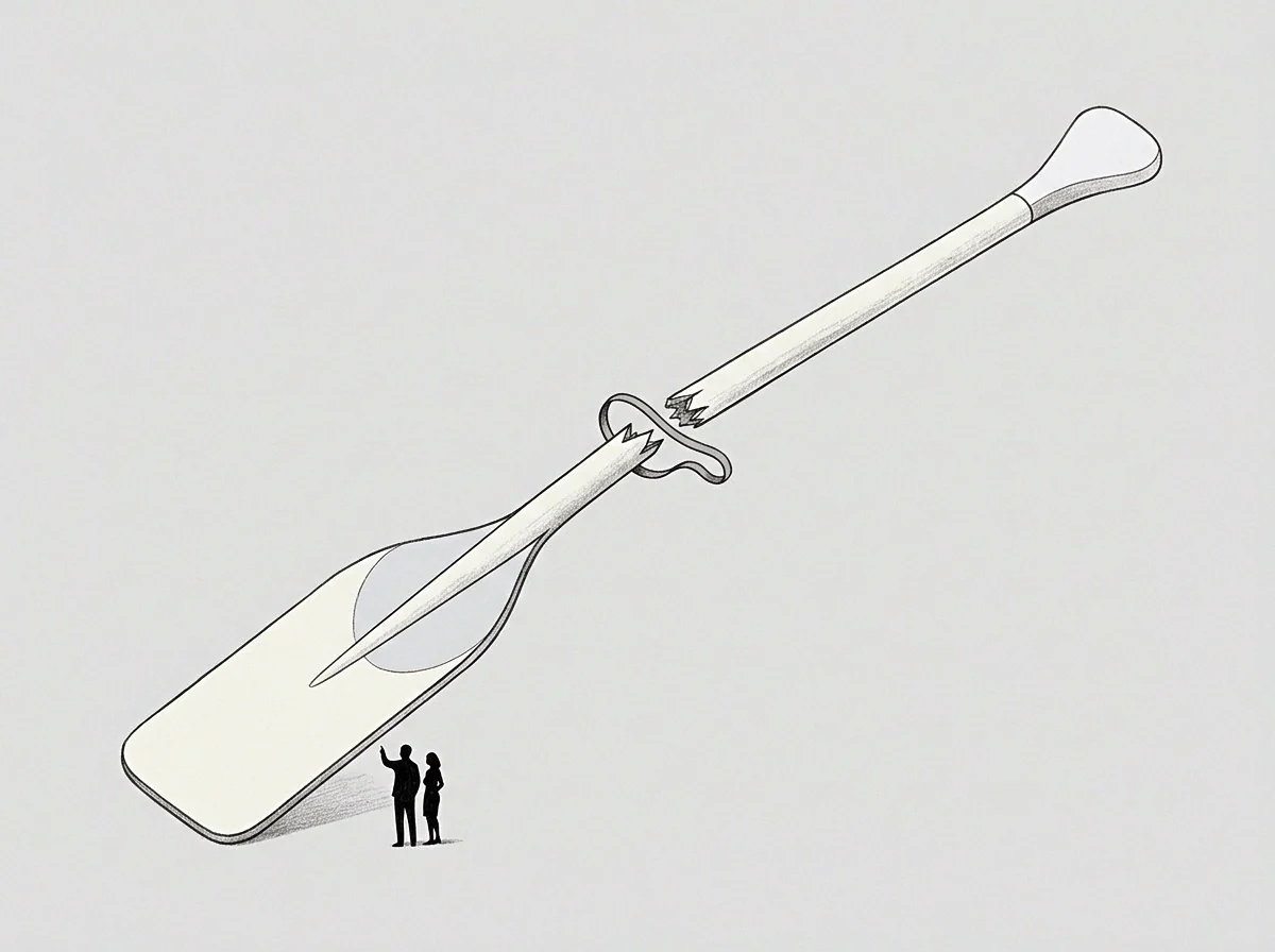 The drawing shows two small figures observing a colossal broken oar, the record of a failed measurement.