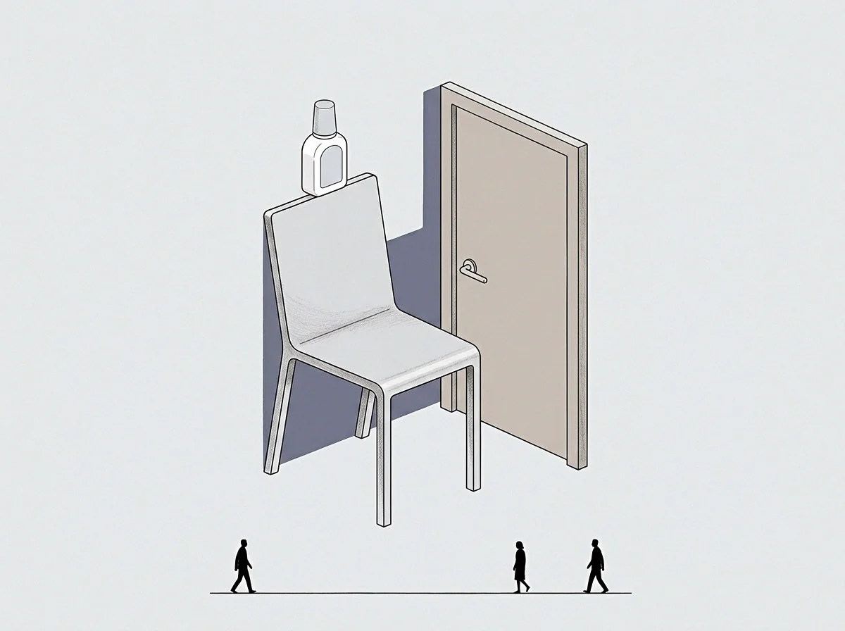 The drawing shows an abstract chair with a bottle on its seat beside a doorway, with small figures observing from below, representing a focal point of observation.