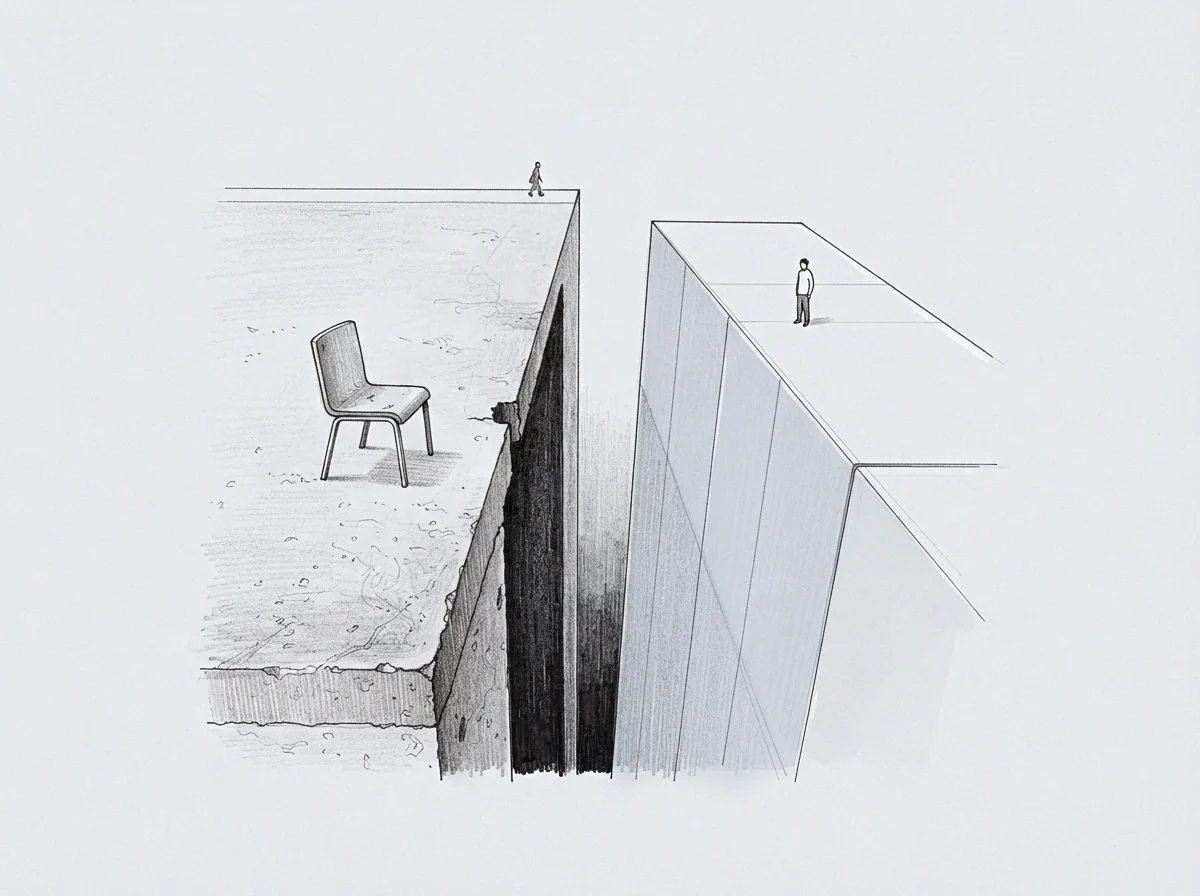 A single chair resting alone upon a rugged precipice confronts two distinct figures across a deep chasm in this graphite drawing.