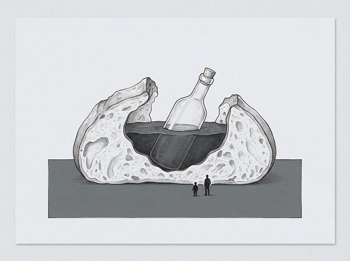 The drawing shows a delivered record, contained within a hollowed structure, observed by two figures positioned below.