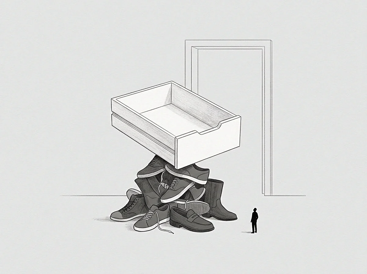 A graphite drawing portrays a tiny human figure standing beside a dense pile of assorted footwear supporting a large open wooden drawer.