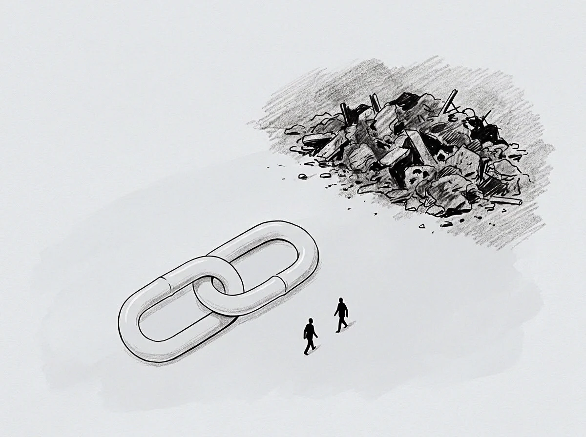 Two figures walk across a flat expanse toward a detached steel chain link positioned before a large scattered pile of coarse debris.