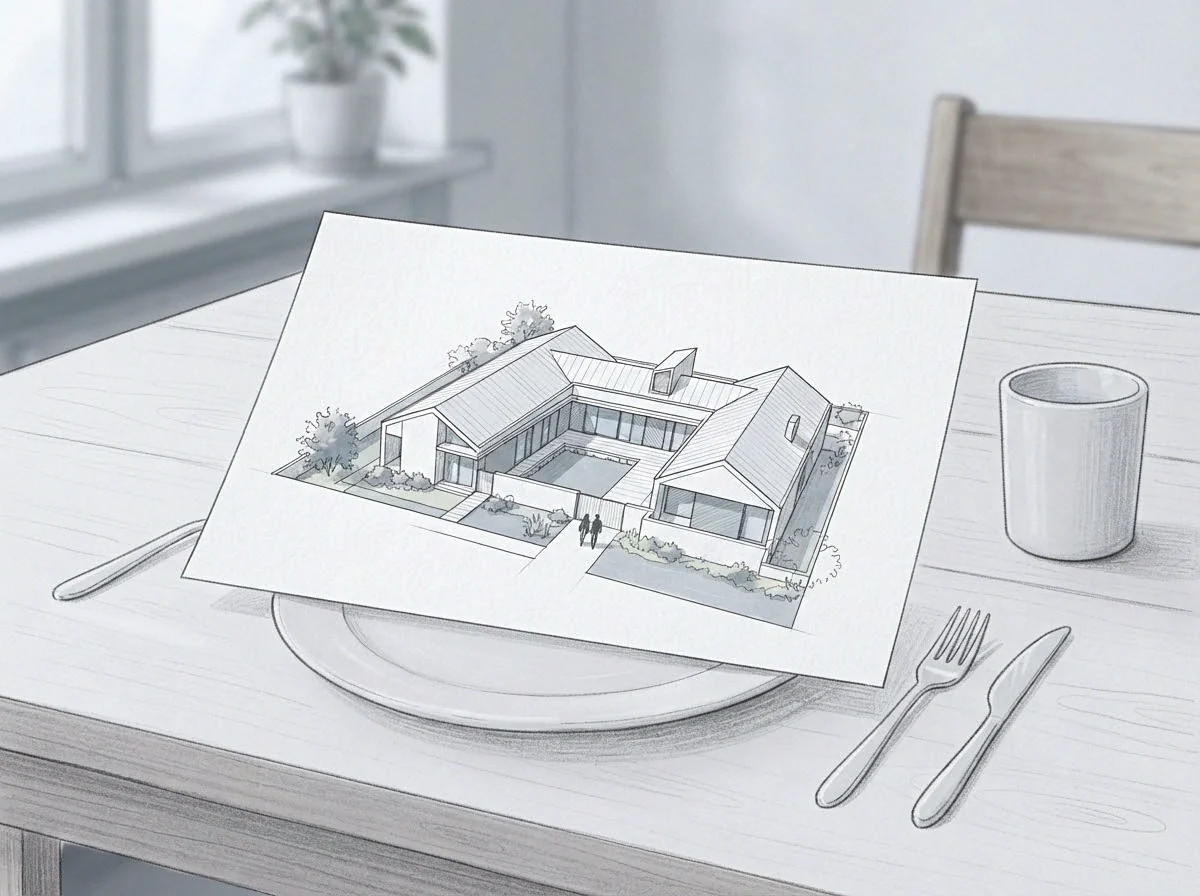 Graphite pencil drawing of a courtyard house architectural plan with two small figures in the layout resting upon a white plate.