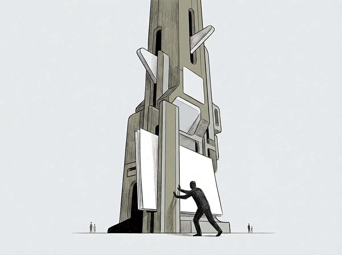 Graphite lines render a monolithic archive tower where a lone figure inserts a large official ledger into the central structural column.