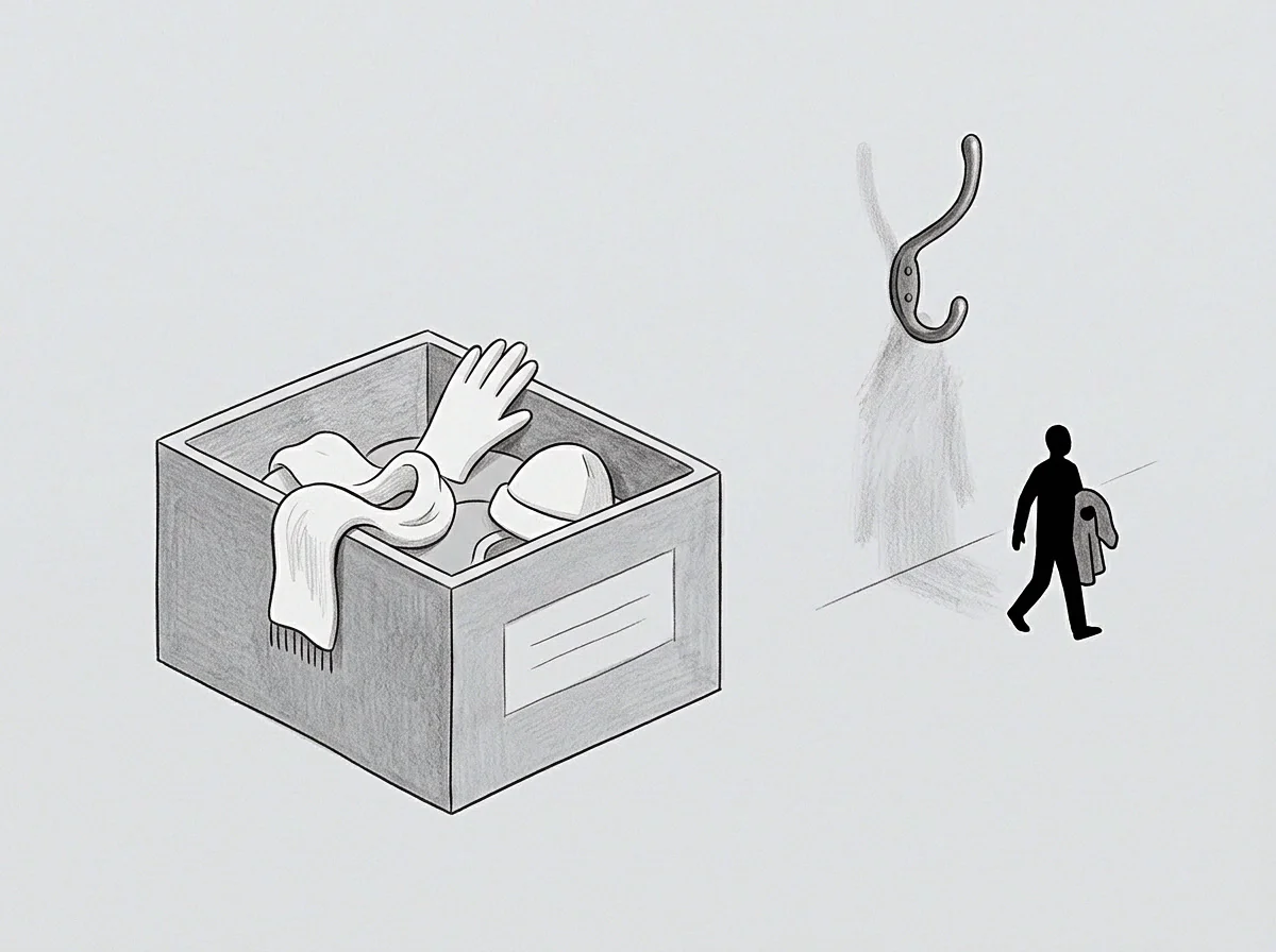 A box containing winter accessories sits near a bare wall hook while a figure walks away holding a single coat.