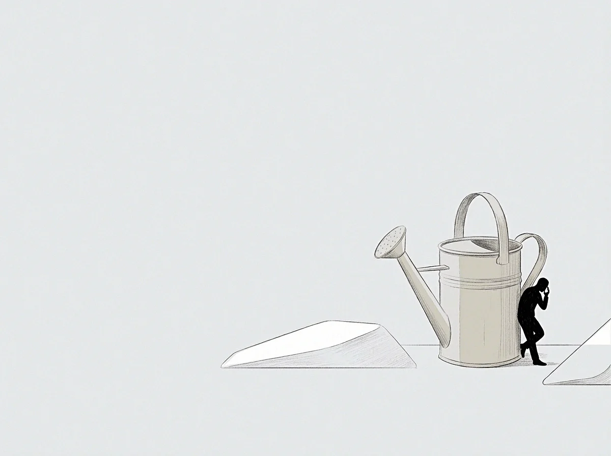 A solitary figure leans against a disproportionately large watering can in the graphite drawing positioned between two low angled ramps on a sparse grey surface.