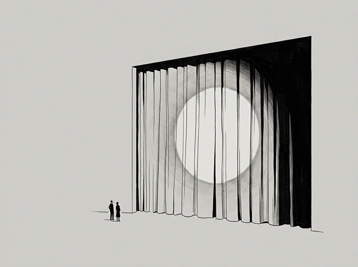 Two small figures stand before a massive pleated curtain partition revealing a circular metric field on a flat ground.
