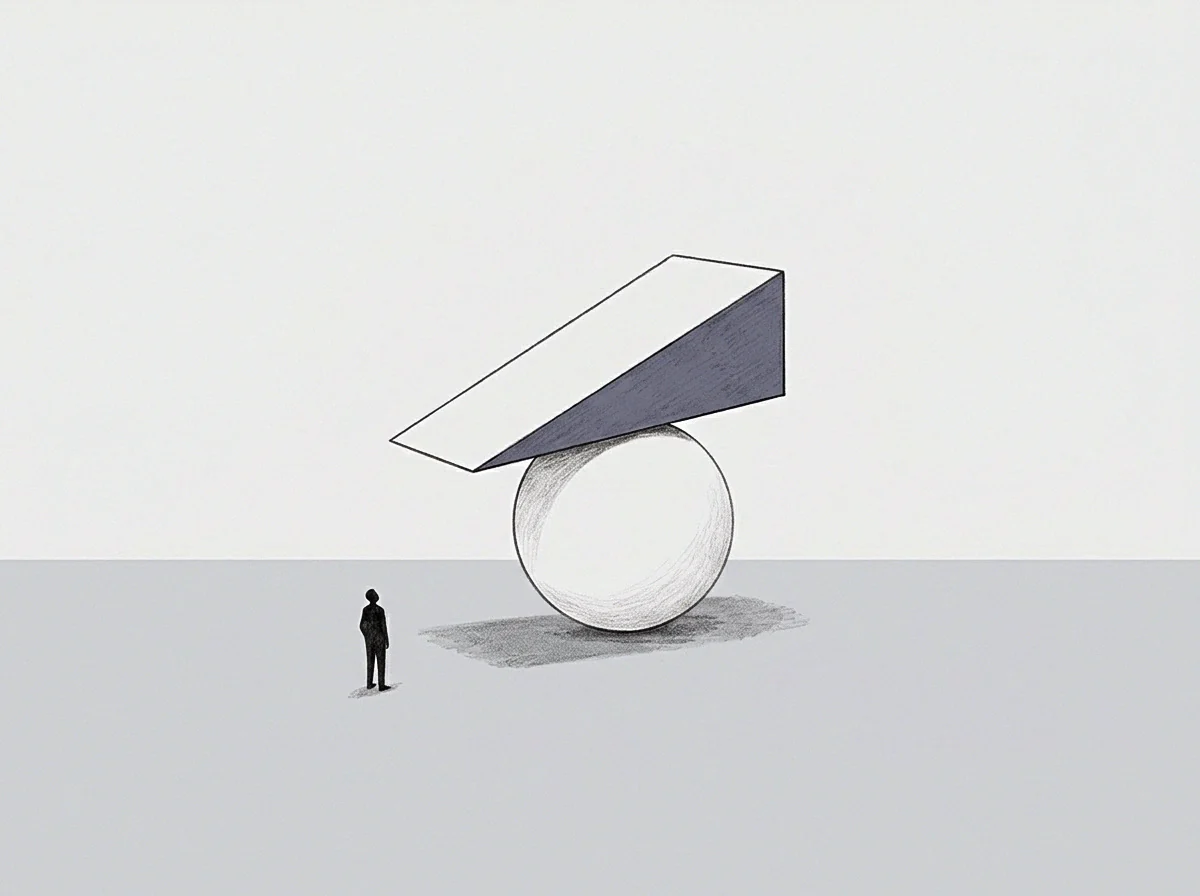 A small human figure observes a large sphere supporting an angled solid block within this minimalist graphite pencil drawing.