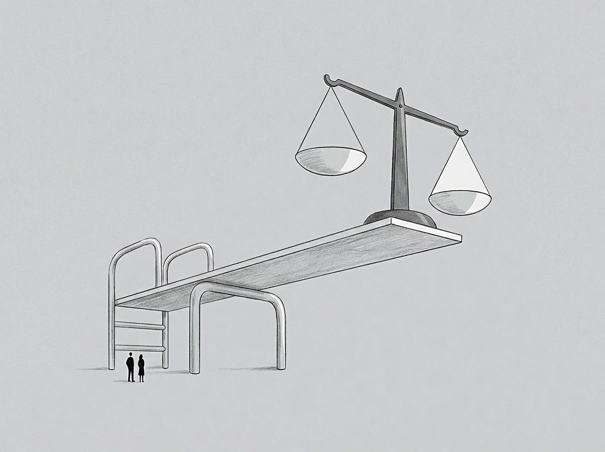 Two small figures stand at the base of a high diving board which holds a large balance scale at its far end.