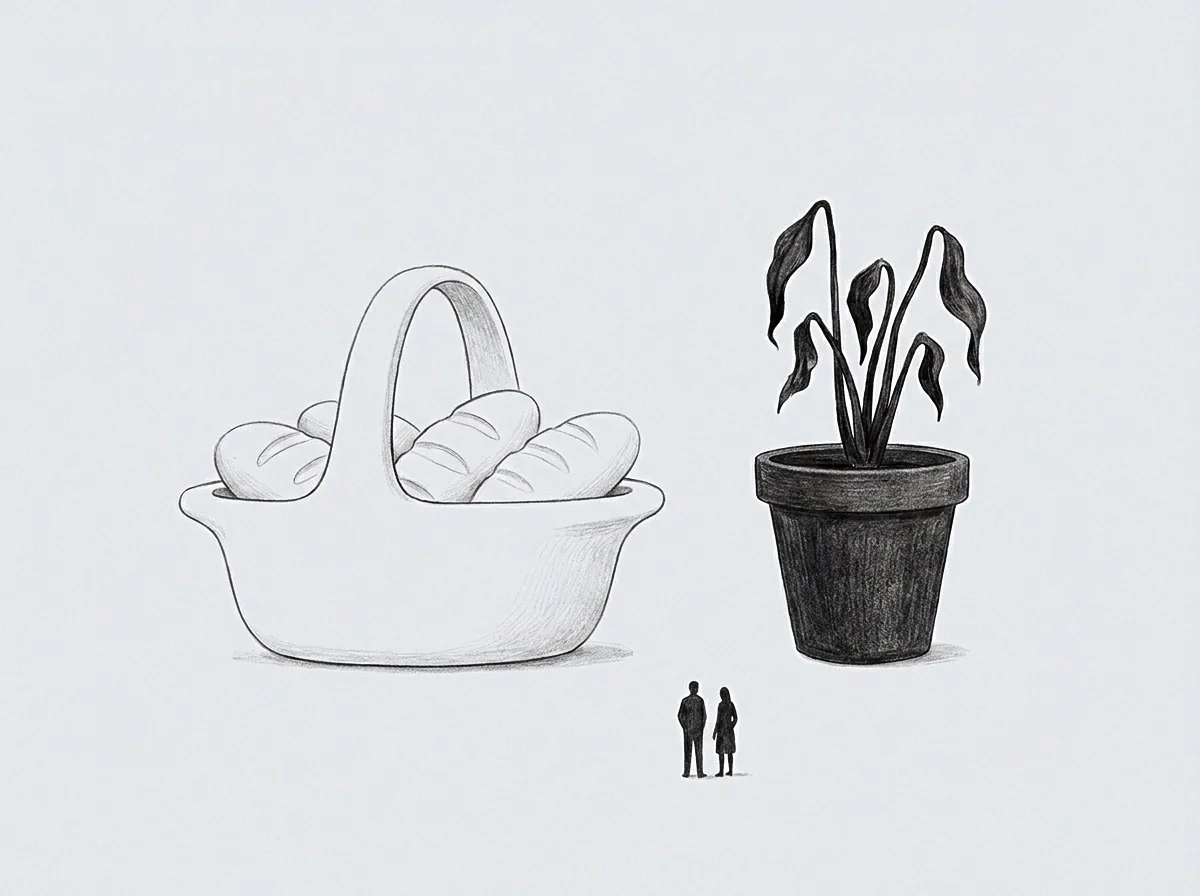 Two tiny figures stand on a flat ground in this graphite drawing between a large basket of loaves and a solitary wilted potted plant.