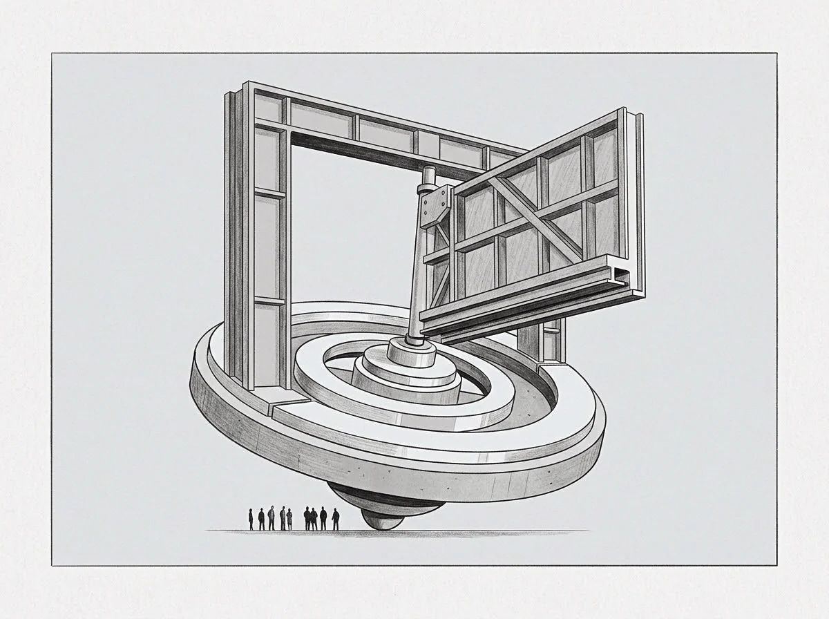 Tiny human figures stand beneath a massive balanced mechanical framework resting on a single central pivot point.