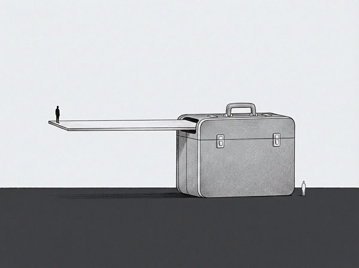 Graphite lines form a drawing of a closed suitcase supporting an extended flat surface where one figure balances and another watches from below.