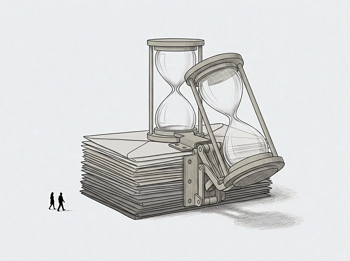 Two small figures walk past a graphite drawing of a tall stack of letters held by a metal bracket to an hourglass.