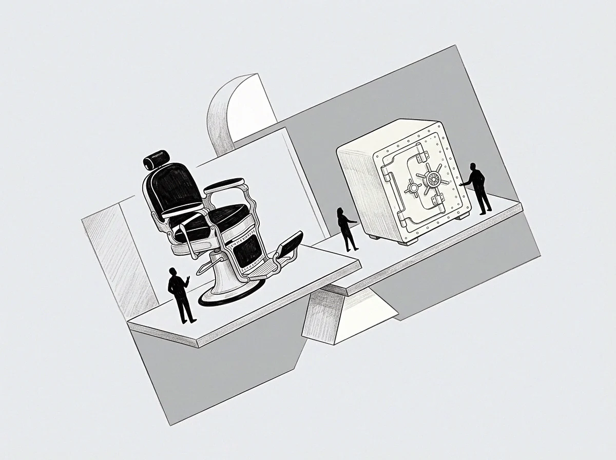 A balanced scale suspends a professional chair and a secure vault while solitary figures observe the shift from service to capital accumulation.