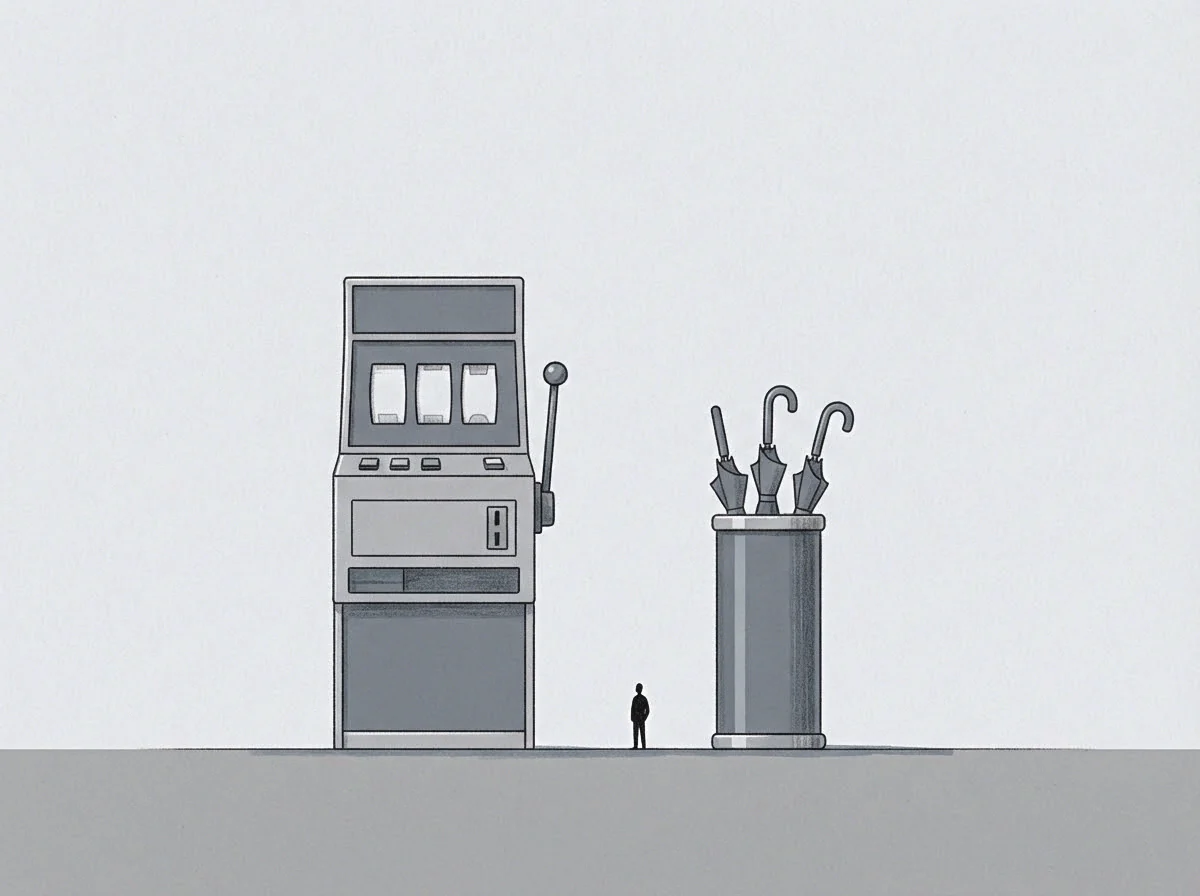 A single small figure stands between a tall upright wagering mechanism and a vertical holder containing folded protective gear on a blank field.