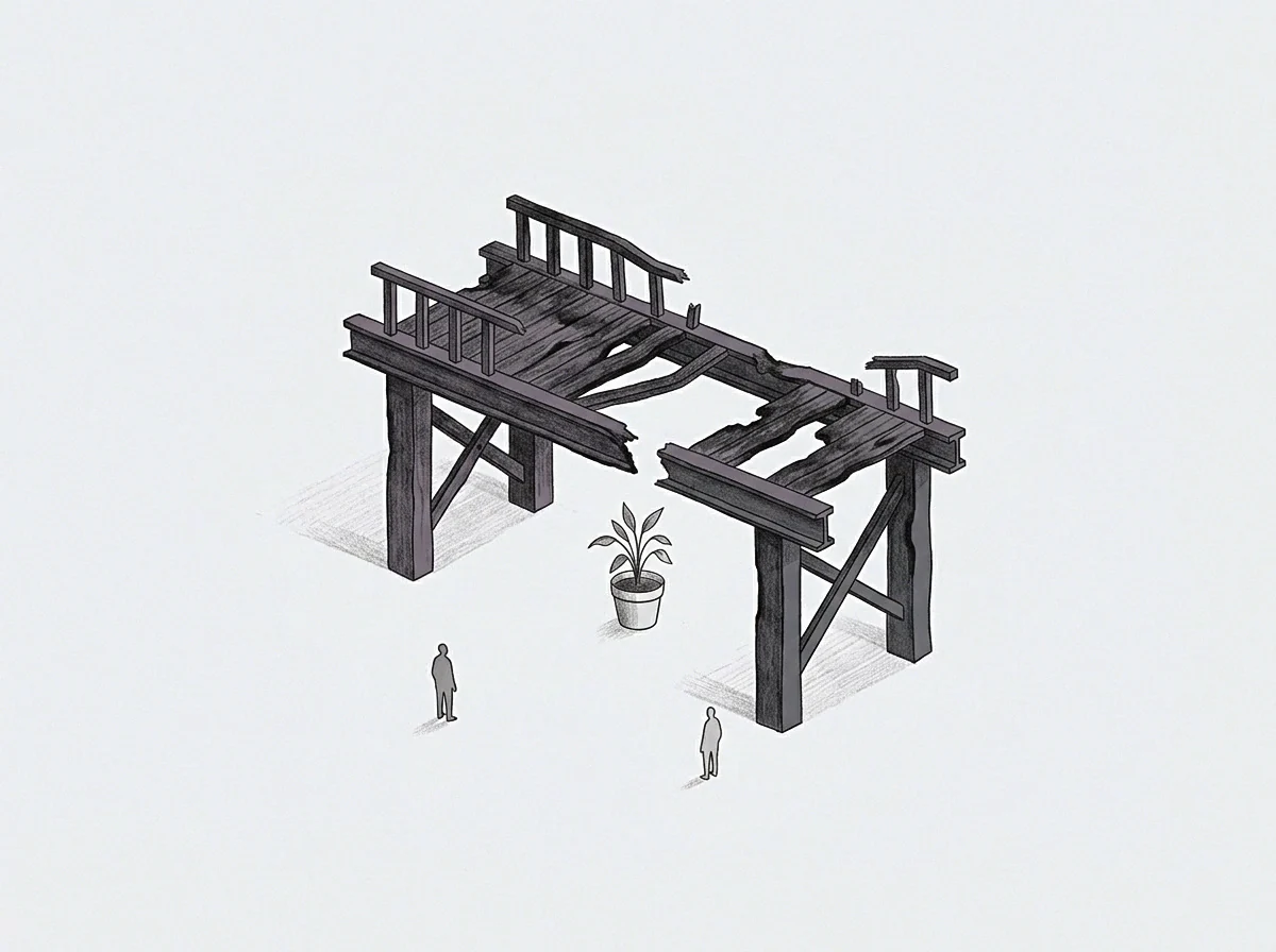 Graphite drawing marks show two figures standing before a fractured wooden bridge structure while a potted plant occupies the void between the severed ground supports.