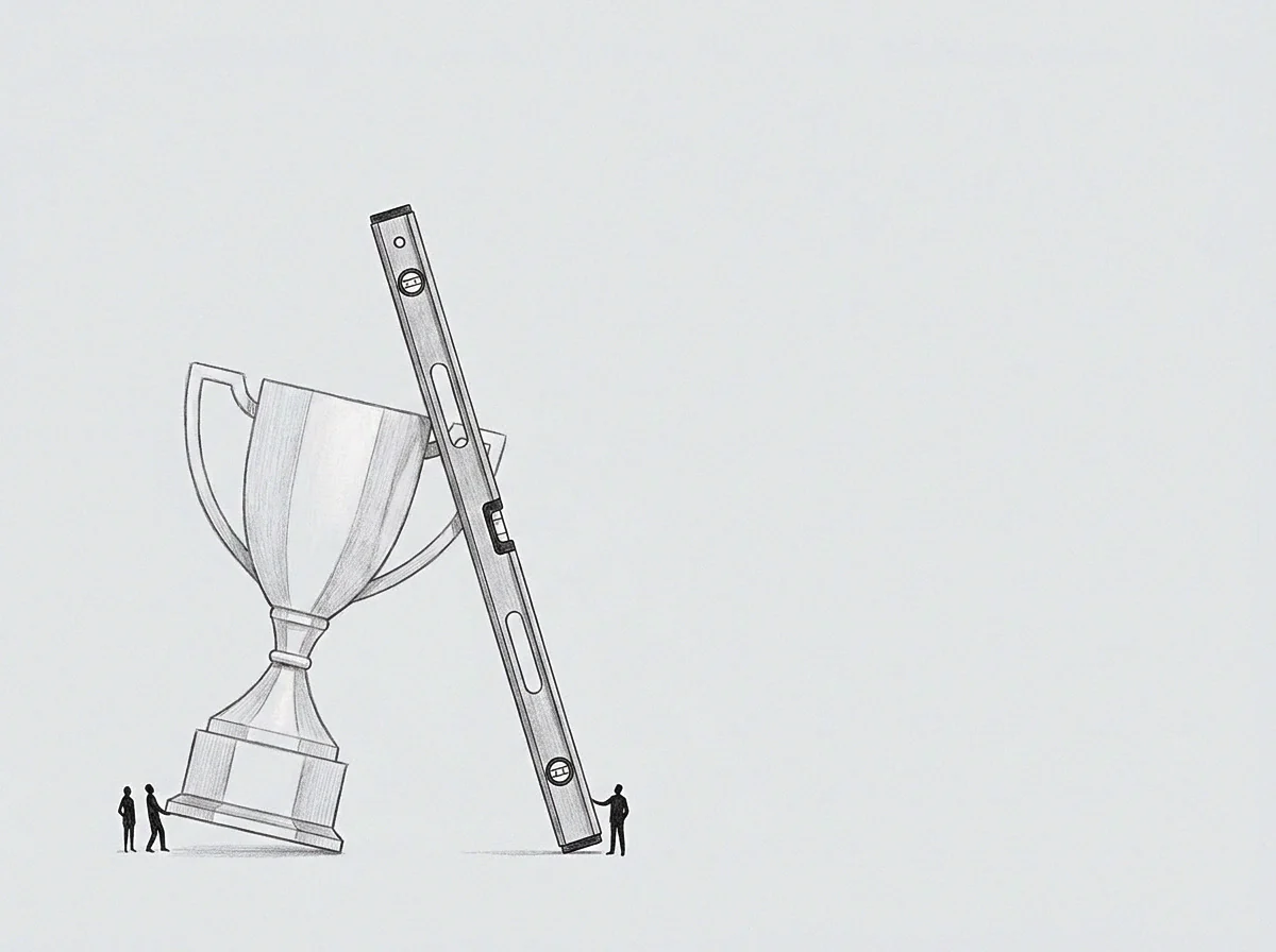 Three small figures adjust the angle of a large trophy cup using a giant spirit level in this pencil drawing.