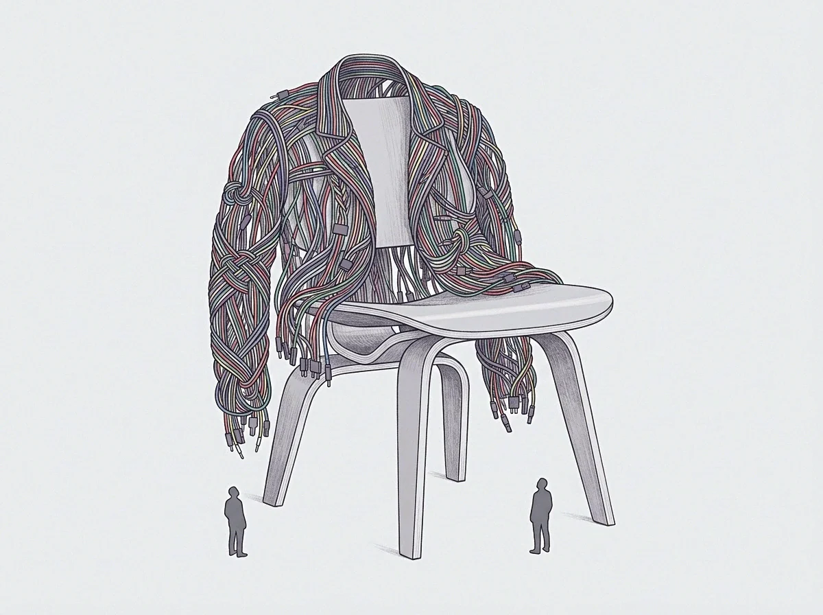 Interwoven system cables form a formal garment draped across a corporate seat while two tiny figures observe from the floor plane.
