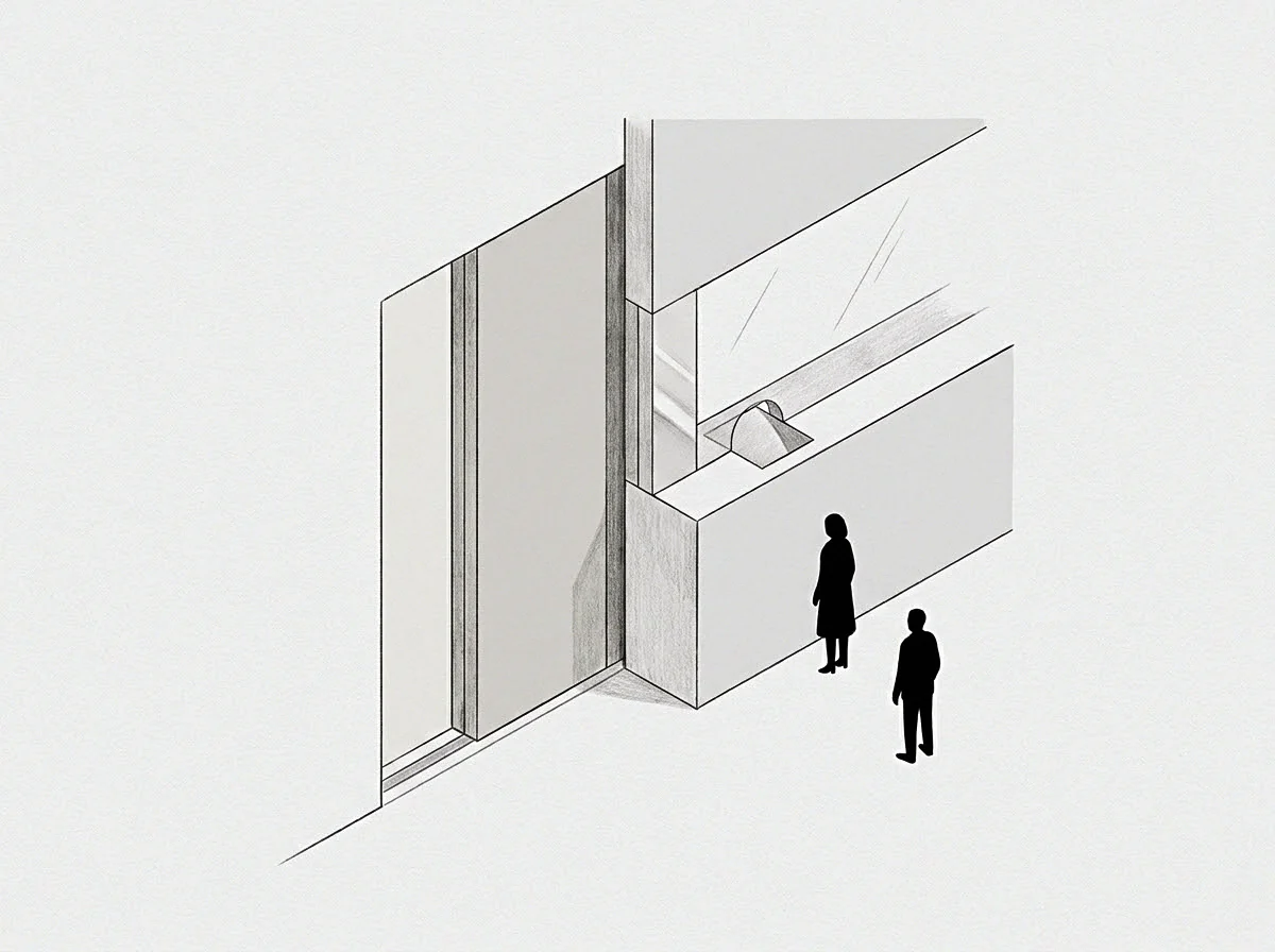 This drawing presents two figures at a designed seat for observed exchange, a conceptual record of operational design.