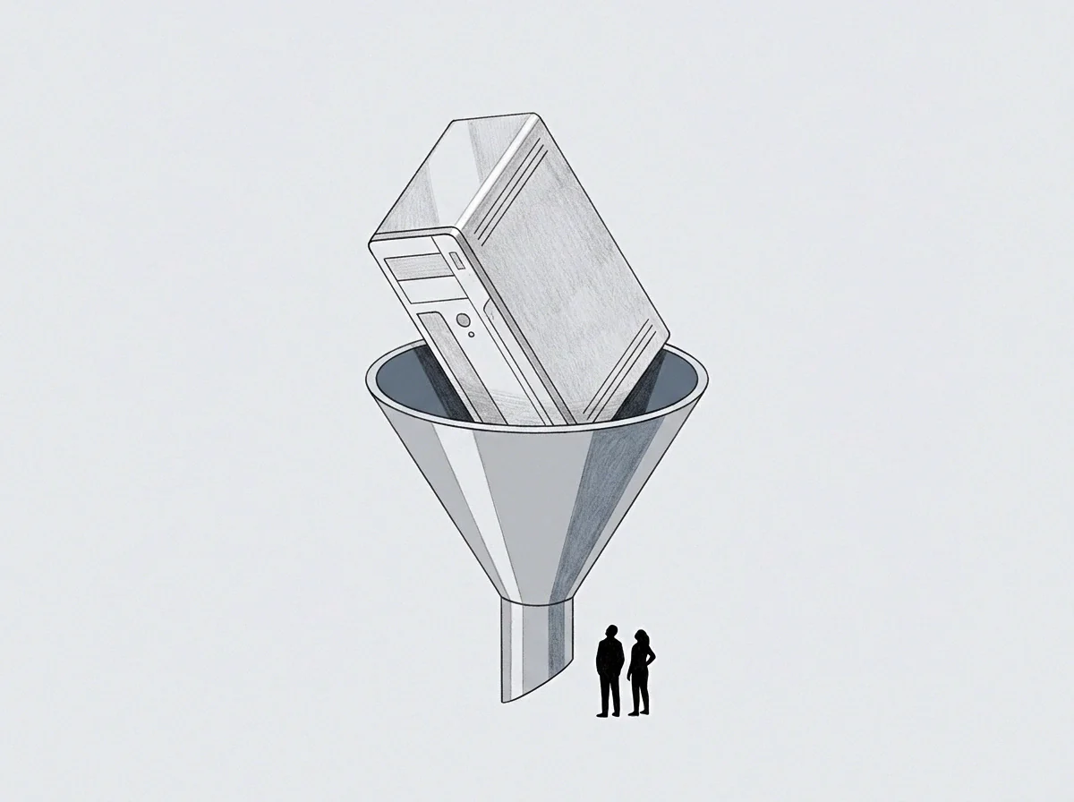 A vertical computer chassis sits inside a wide metal funnel while two small figures observe the bottom opening from a grey ground.