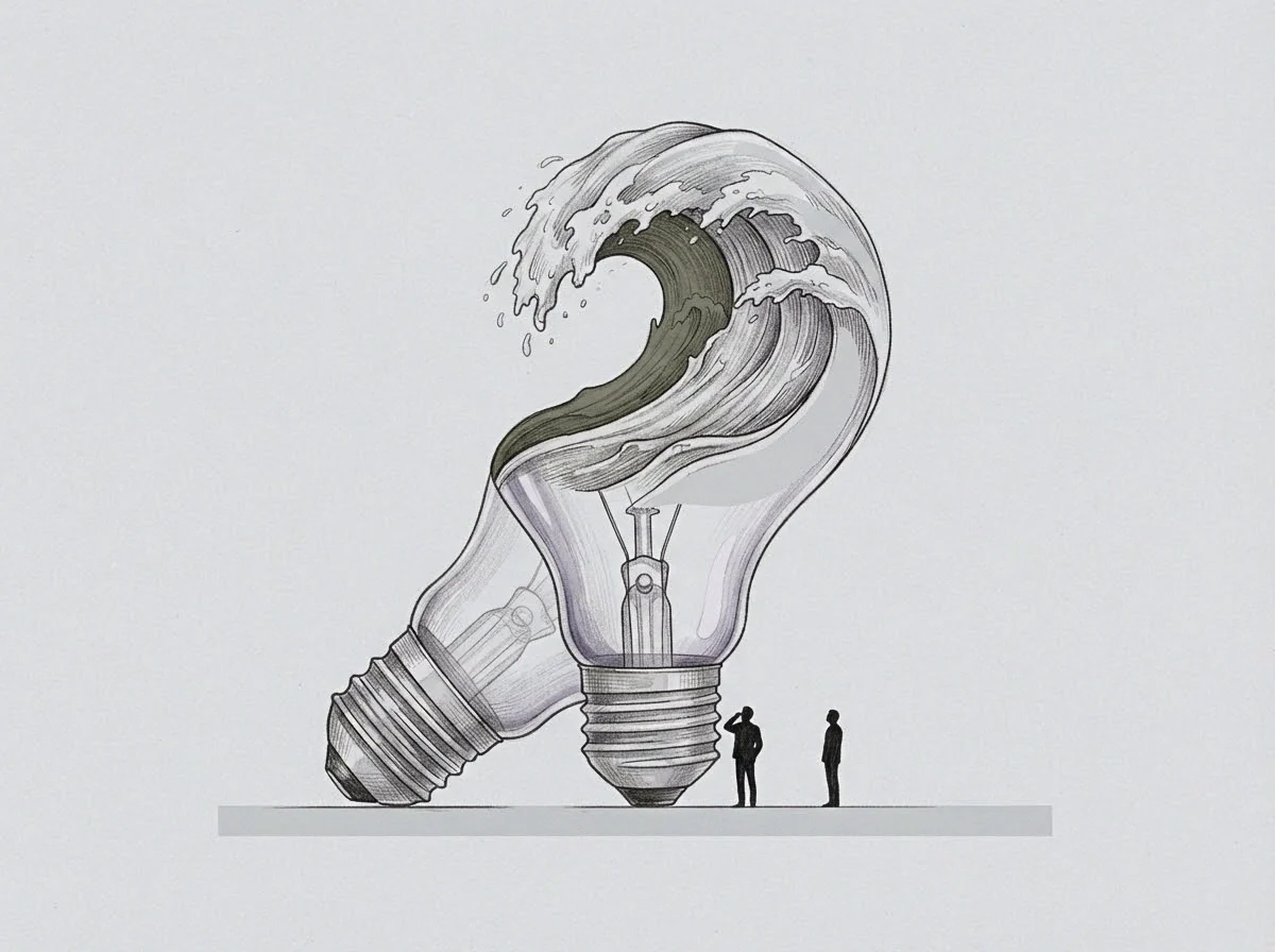 Two glass vessels stand upright and fallen beside tiny corporate figures on a grey plane while a heavy ocean wave fills the standing shell.