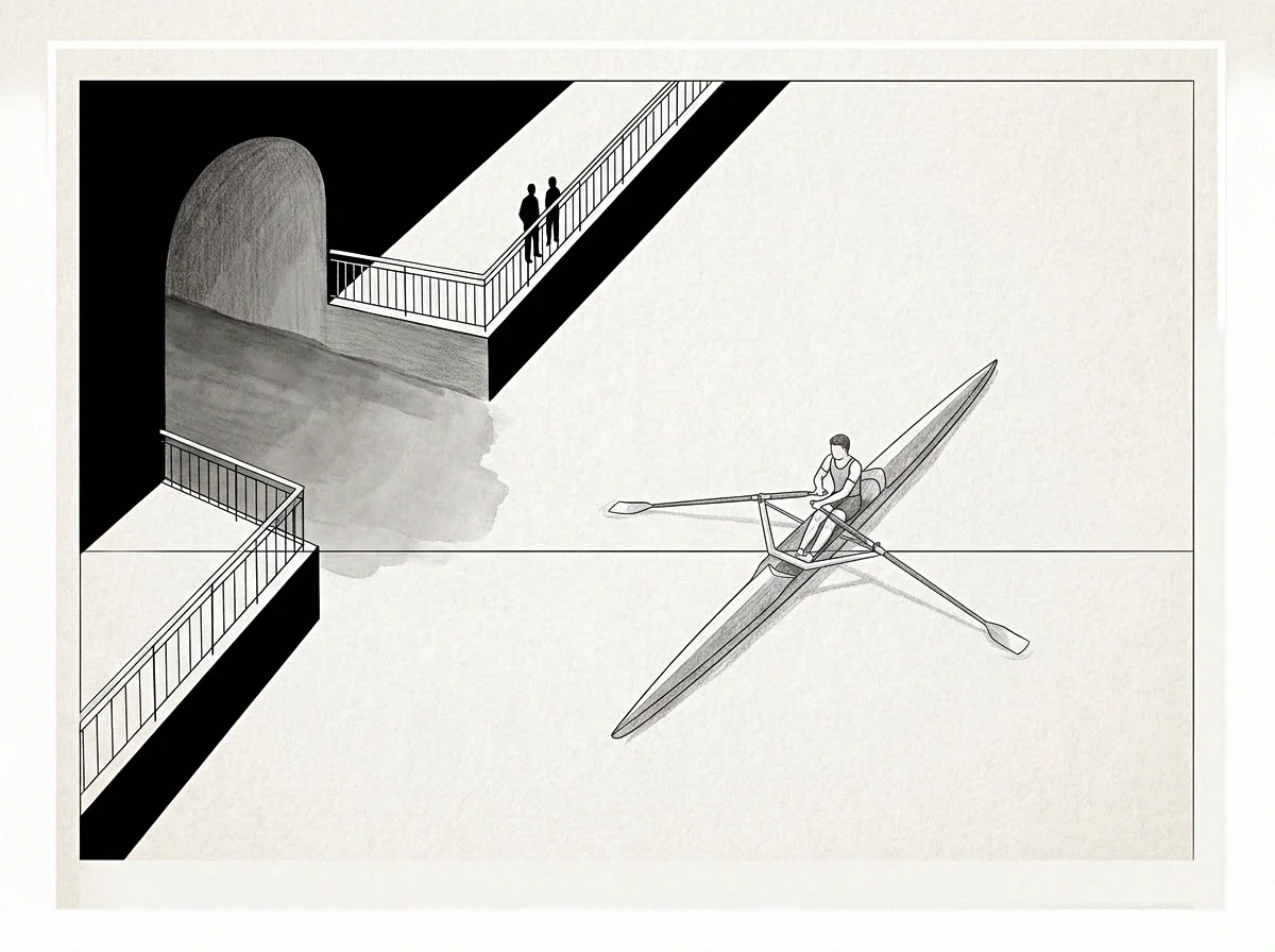 Two silent observers stand above a narrow waterway where a lone rower navigates a transitional boundary in flat graphite lines.