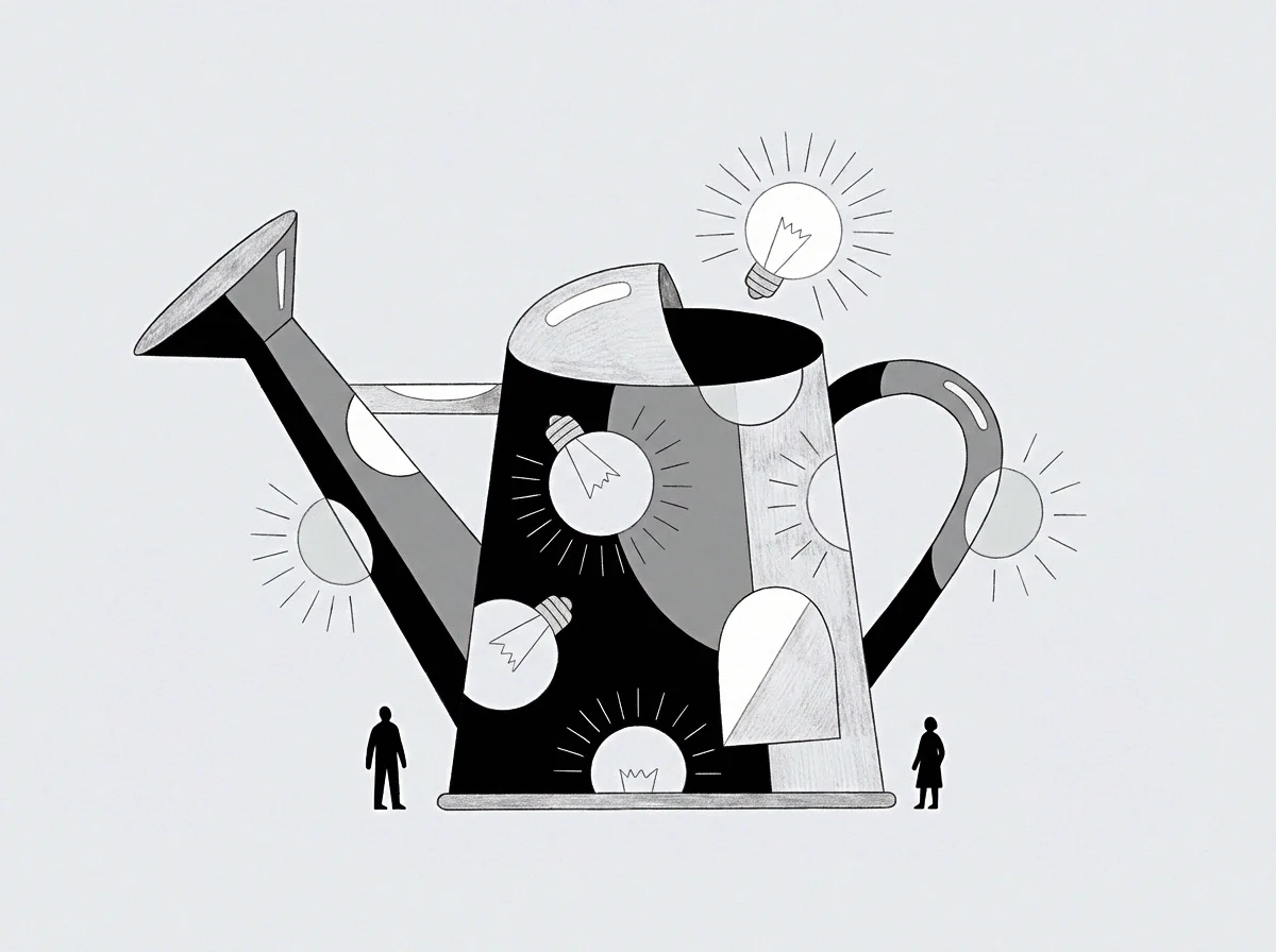 Graphite drawing forms a large watering can holding lightbulbs between two small figures to suggest the systematic cultivation of records and regulatory governance.