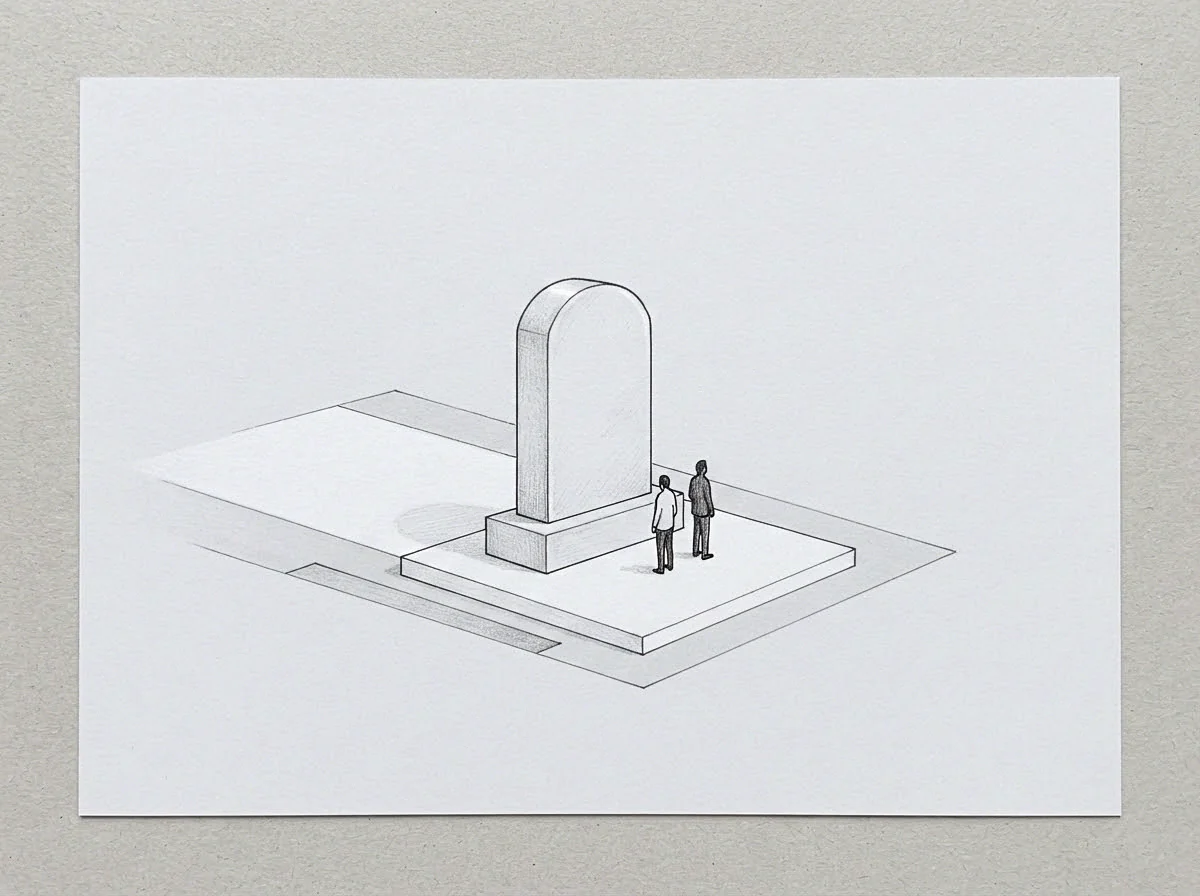 Two figures inhabit the graphite drawing on a raised platform before a large unlettered vertical slab that waits for an inscription to be carved.