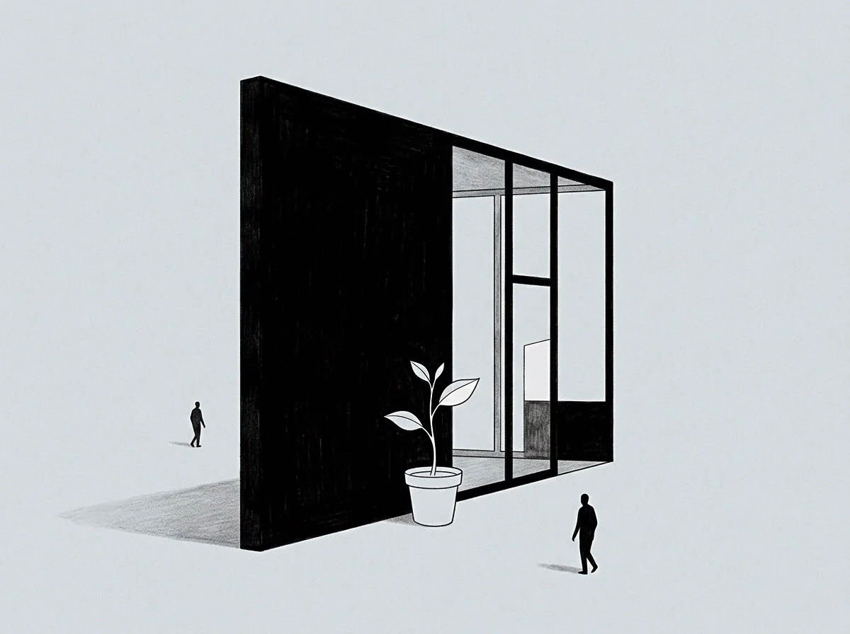 Small figures navigate around a dark regulatory record and a glass seat within a graphite drawing while a single plant stands between the two volumes.
