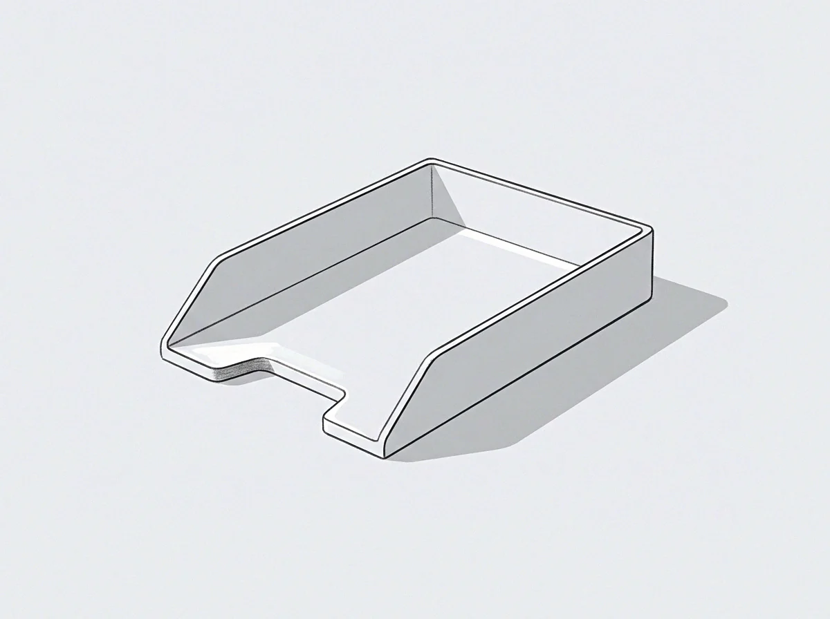 Graphite drawing lines delineate an open document tray functioning as a regulatory record receptacle on a grey surface.