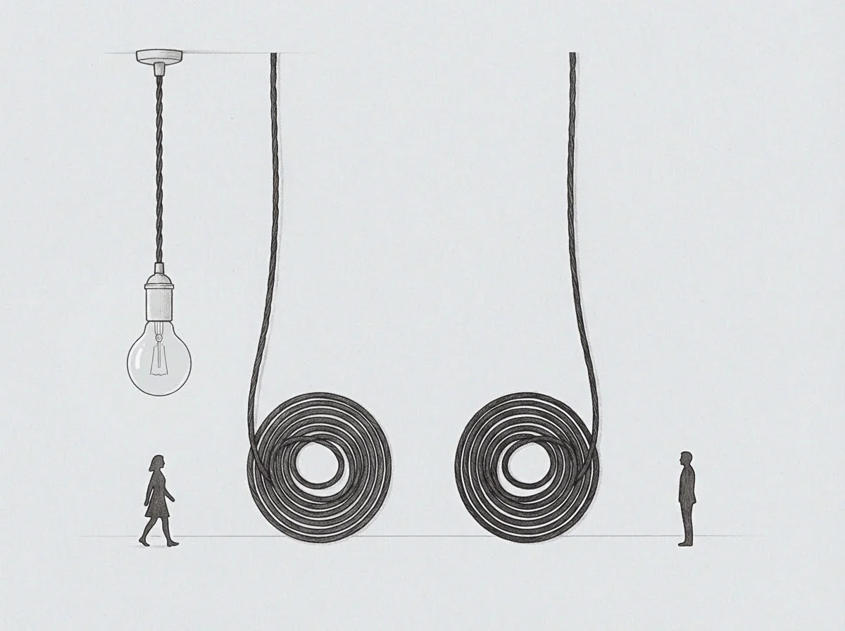 Graphite pencil strokes delineate two towering cable spools and a single suspended luminaire resting above tiny human silhouettes on a bare ground plane.