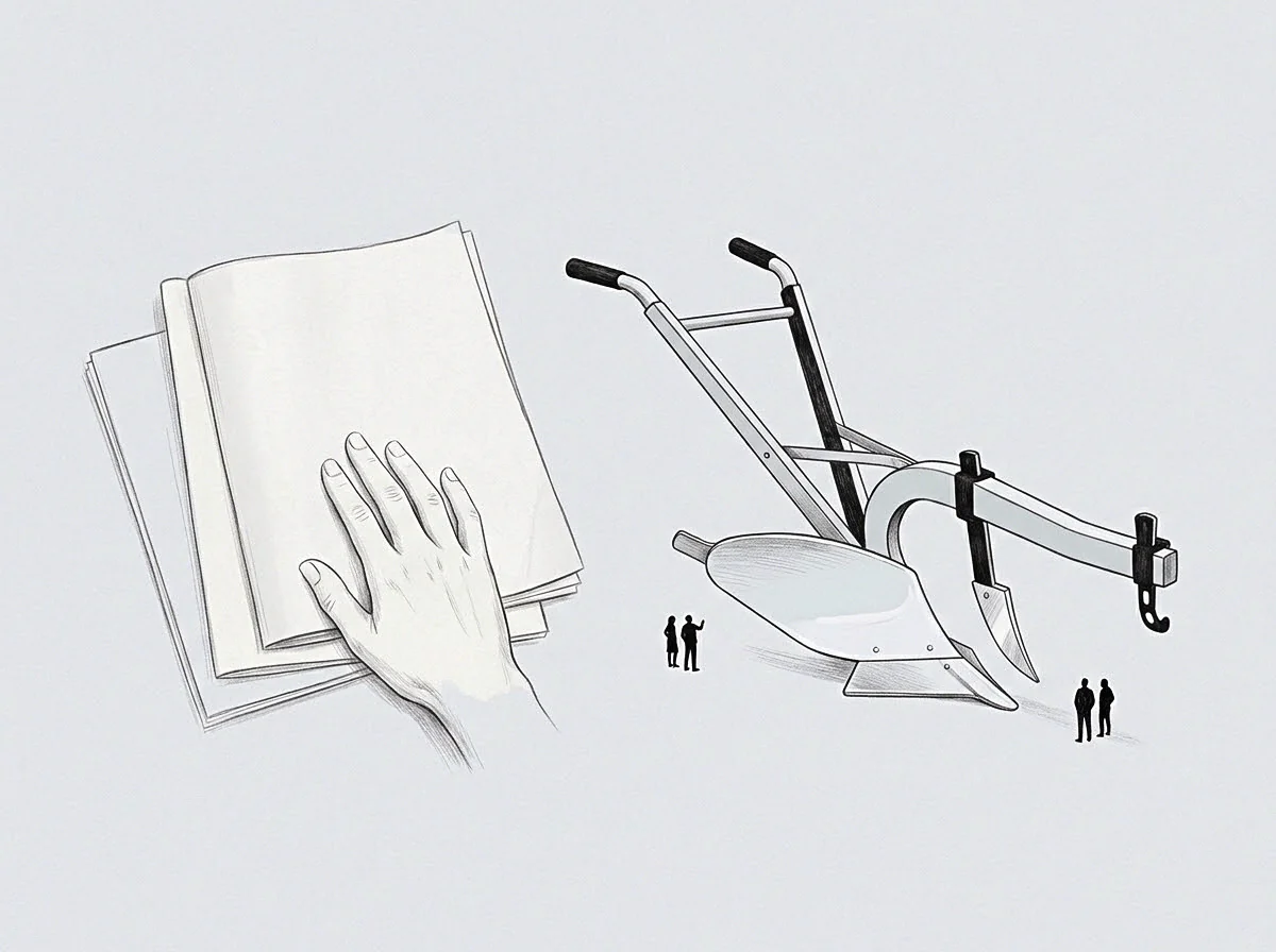 Unmarked paper sheets beneath a resting hand sit beside a mechanical plow with tiny figures standing in graphite line work.
