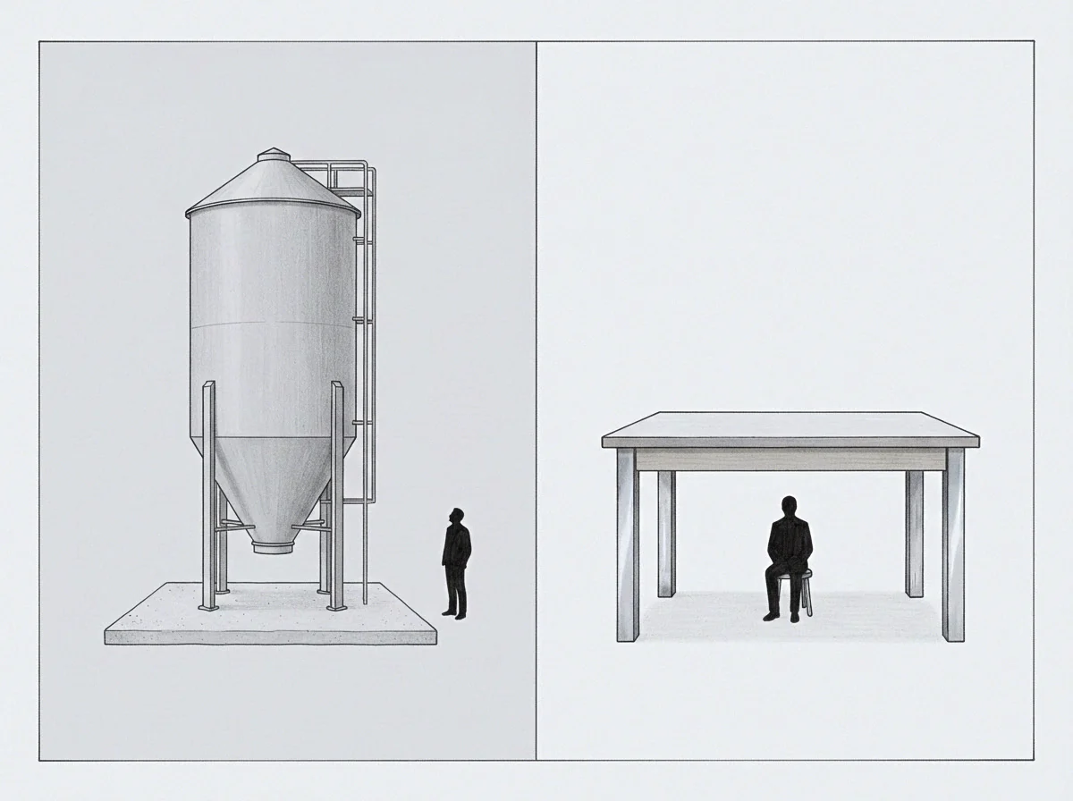 Two graphite drawing panels juxtapose a towering industrial storage structure beside a massive table sheltering a seated small figure.
