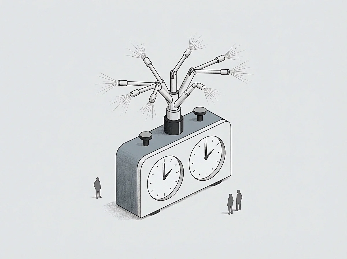 Graphite and pen drawing of a dual clock measurement apparatus topped with regulating nozzles while small figures stand on grey ground.