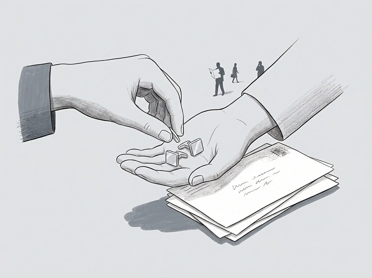 One person places metal fasteners into another palm holding stacked letters while three small figures walk across the background space in this graphite drawing.