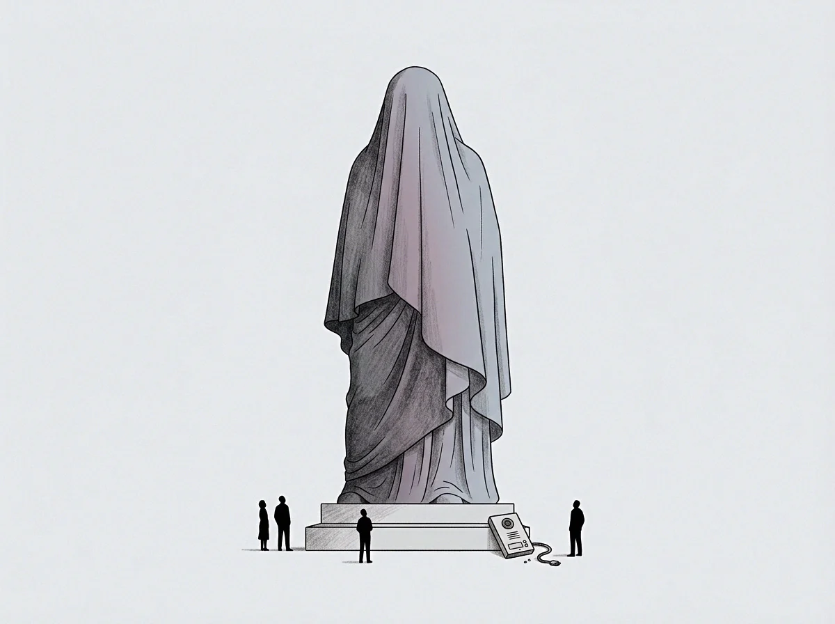 A draped monolithic structure stands centrally flanked by small silhouette figures and a ground level control apparatus.