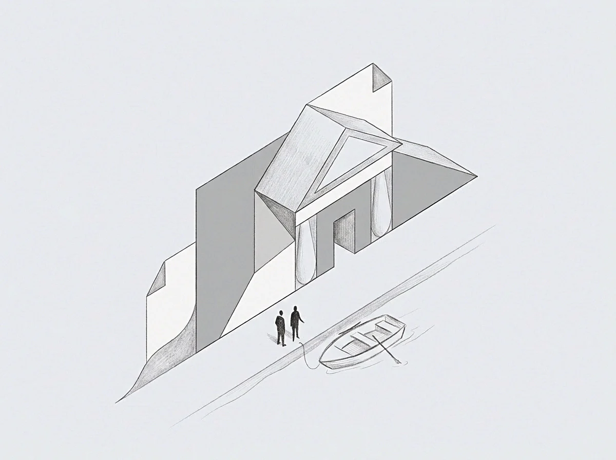 Two figures stand beside a docked boat in this graphite drawing establishing a corporate seat emerging from folded paper.