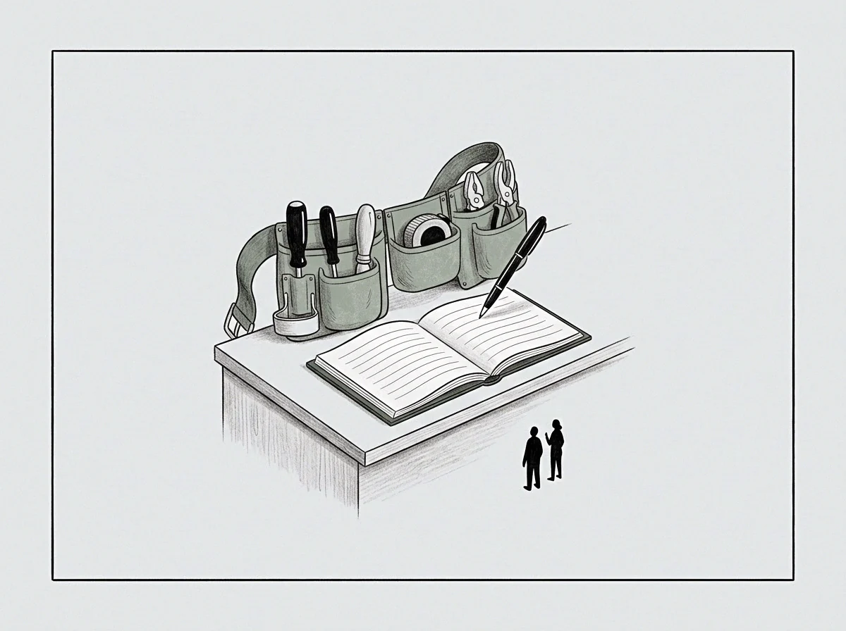 A tool belt rests on a desk in this graphite drawing beside an open ledger and pen while two small figures observe from below.