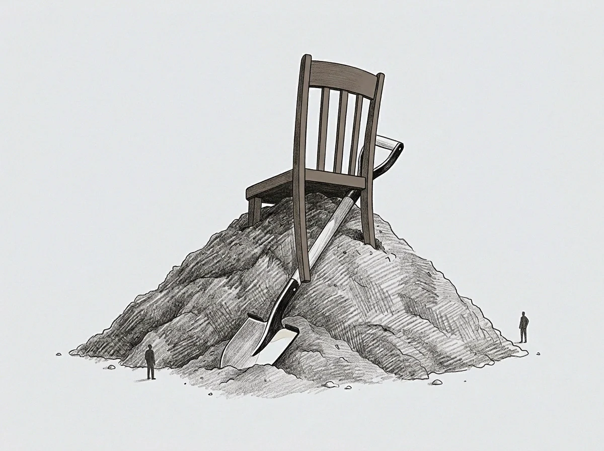 A chair sits atop an irregular heap of earth alongside a vertical spade in this graphite drawing while two small figures observe from distant points.