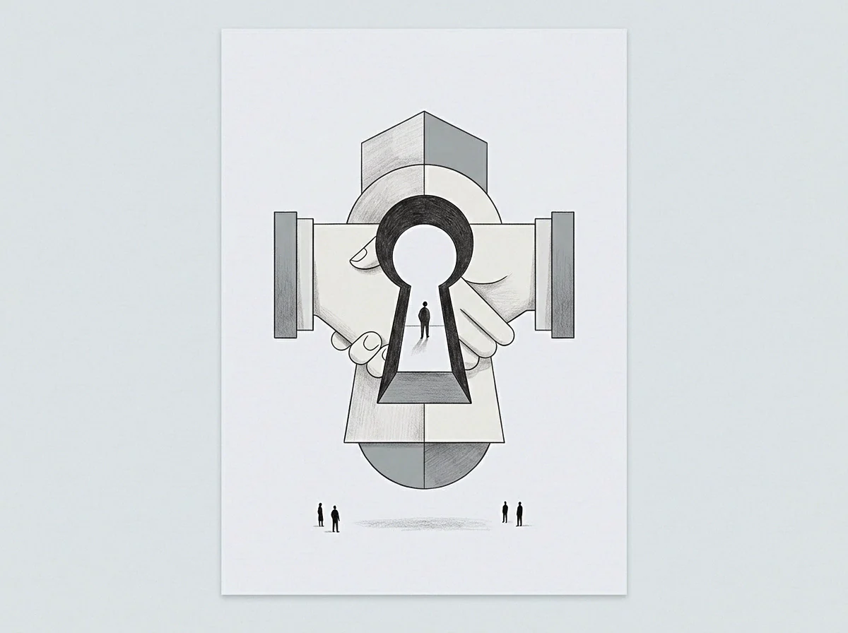 Two horizontal hands form a cross intersection behind a central vertical keyhole framing a tiny figure standing before lower observers.
