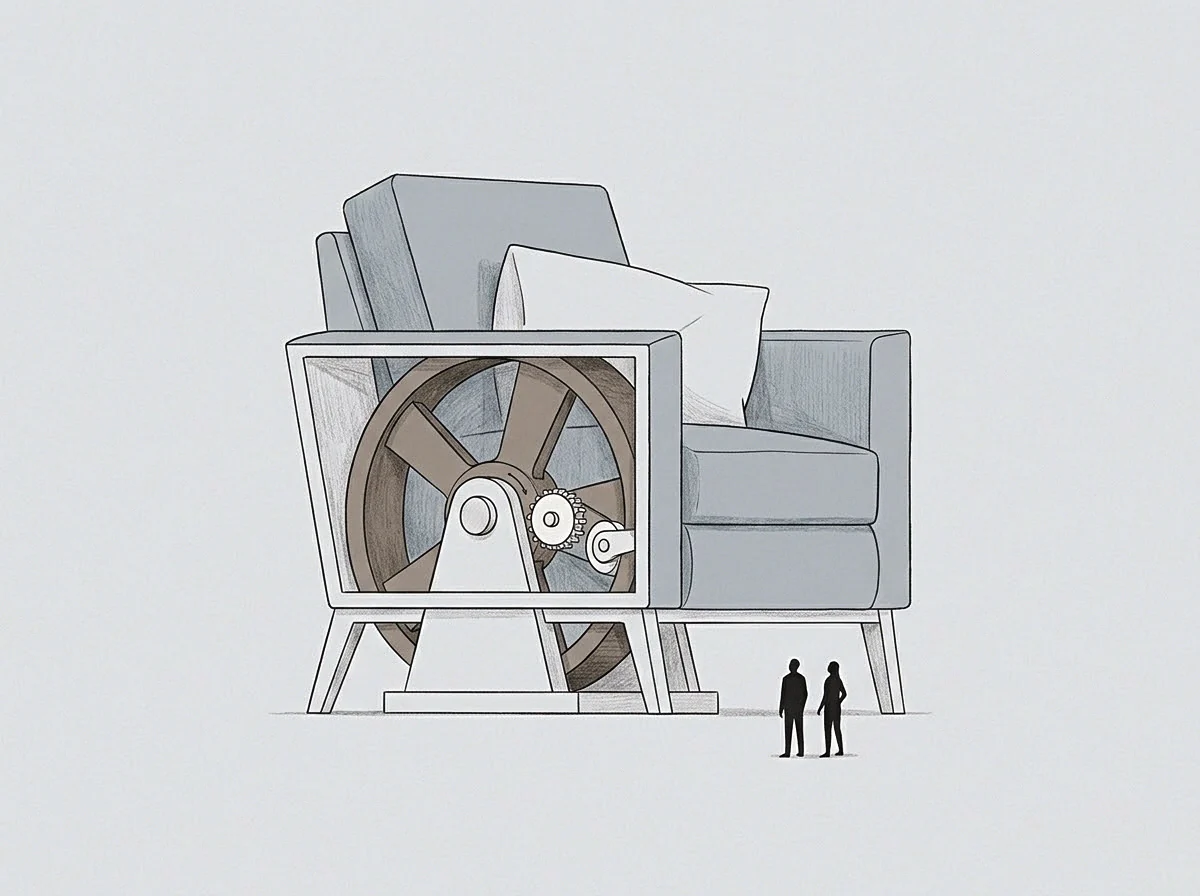 A graphite drawing shows two tiny human figures standing beside a colossal upholstered armchair enclosing a massive internal gear train and flywheel mechanism.