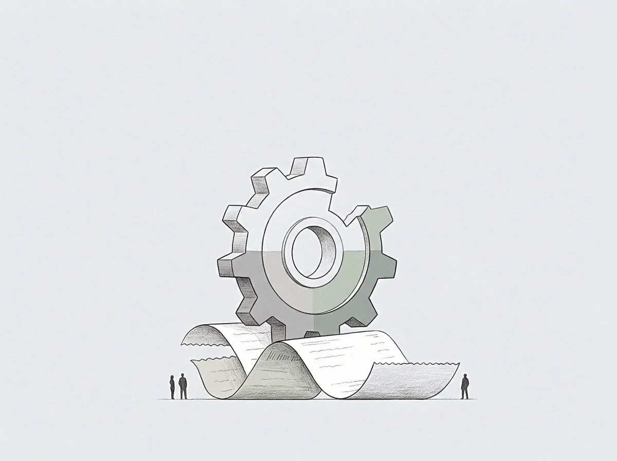Small figures stand near a paper sheet in this drawing supporting a gear as mechanical regulation meets foundational evidence.