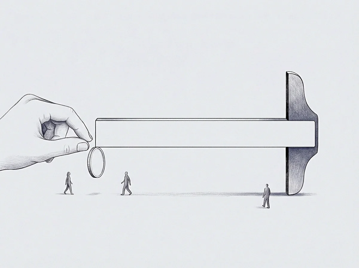 Scaled human figures traverse beneath a towering regulatory bar held by a precise manual measurement mechanism.