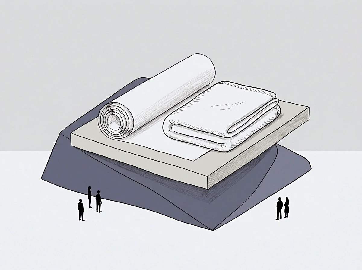 Five small silhouettes observe a graphite drawing of a rigid platform topped with a cylindrical roll and a folded sheet resting upon a flat base.