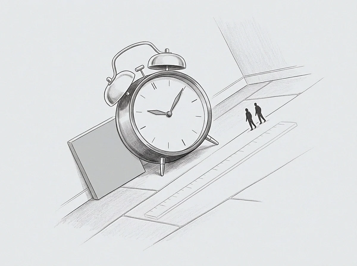 Figures stand on a calibrated scale beside a clock and a block, illustrating the essential mechanics of organizational measurement and operational record.