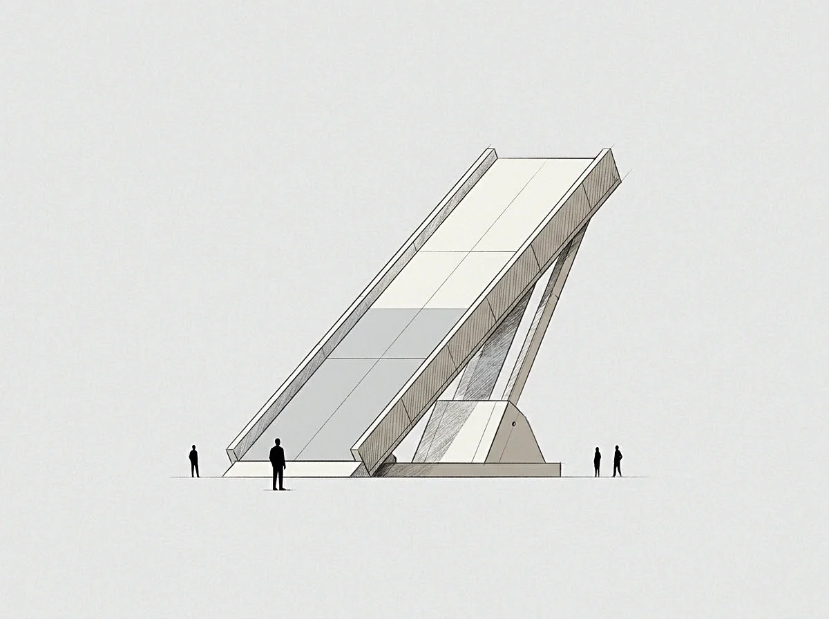 A tilted structural plane rests on a weighted base with human figures standing nearby to establish scale and relationship.