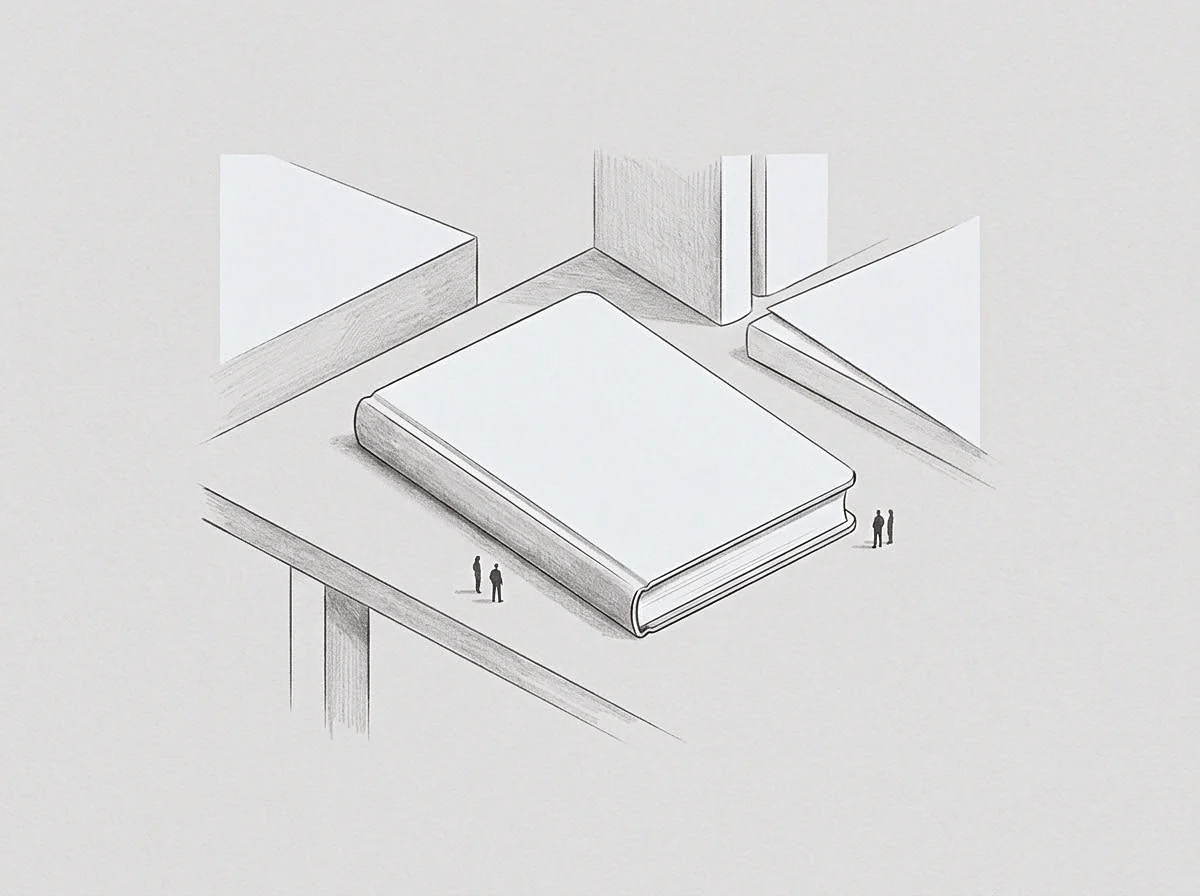 A large bound record volume rests horizontally on a planar surface while tiny human witnesses stand positioned nearby for scale.