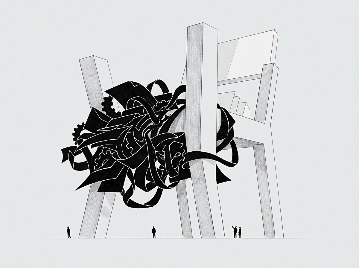 Small figures stand before a towering chair form entangled by a dense mass of black geometry and interlocking mechanical components.