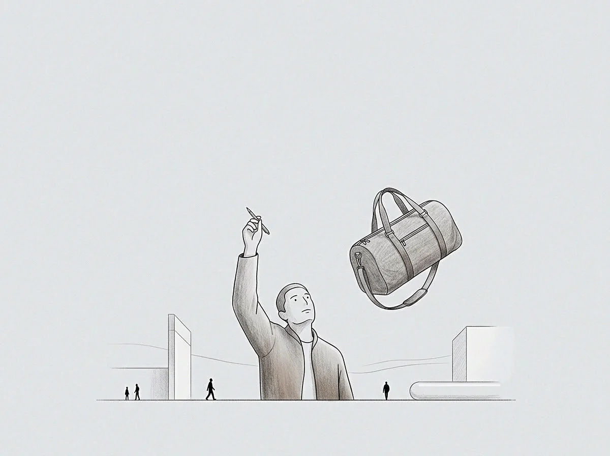The drawing shows a figure holding a writing instrument upwards to observe a suspended bag, with abstract background elements and small figures.