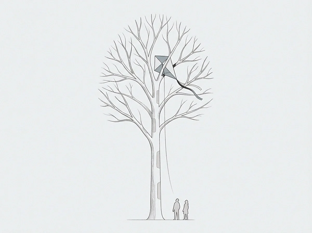 This drawing depicts a bare tree with a kite lodged in its branches, two small figures below observe structured steps ascending the trunk.